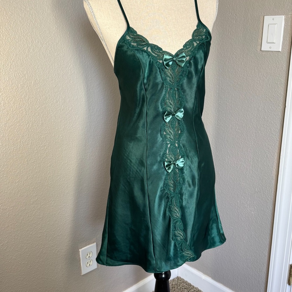 Cinema Etoile Vintage Satin Slip Dress Dark Green Lingerie Lace Front Bow Detail